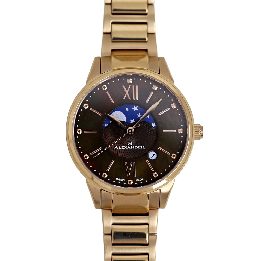 Alexander Ladies Quartz Moonphase Rose Gold Date Watch Swiss Made Diamond Dial